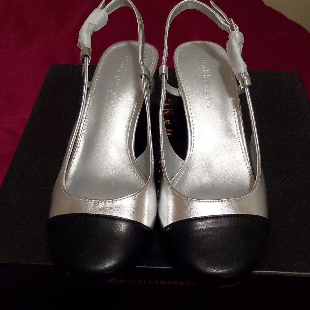 Madden Girl Black and Silver Slingback Heels